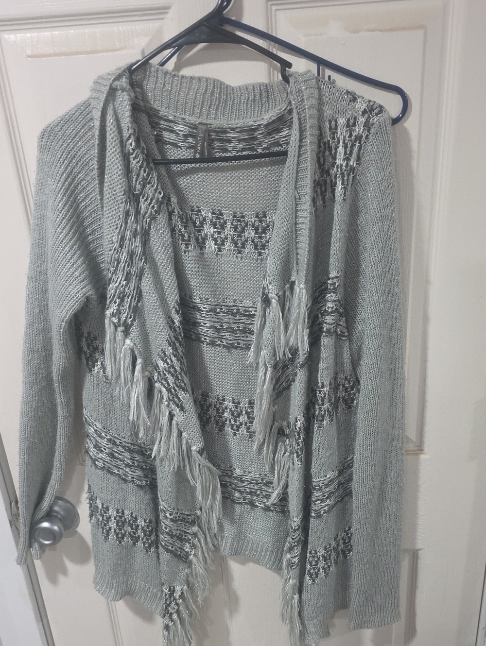 VANITY Light Gray Open-Front Fringe Knit Sweater Cardigan